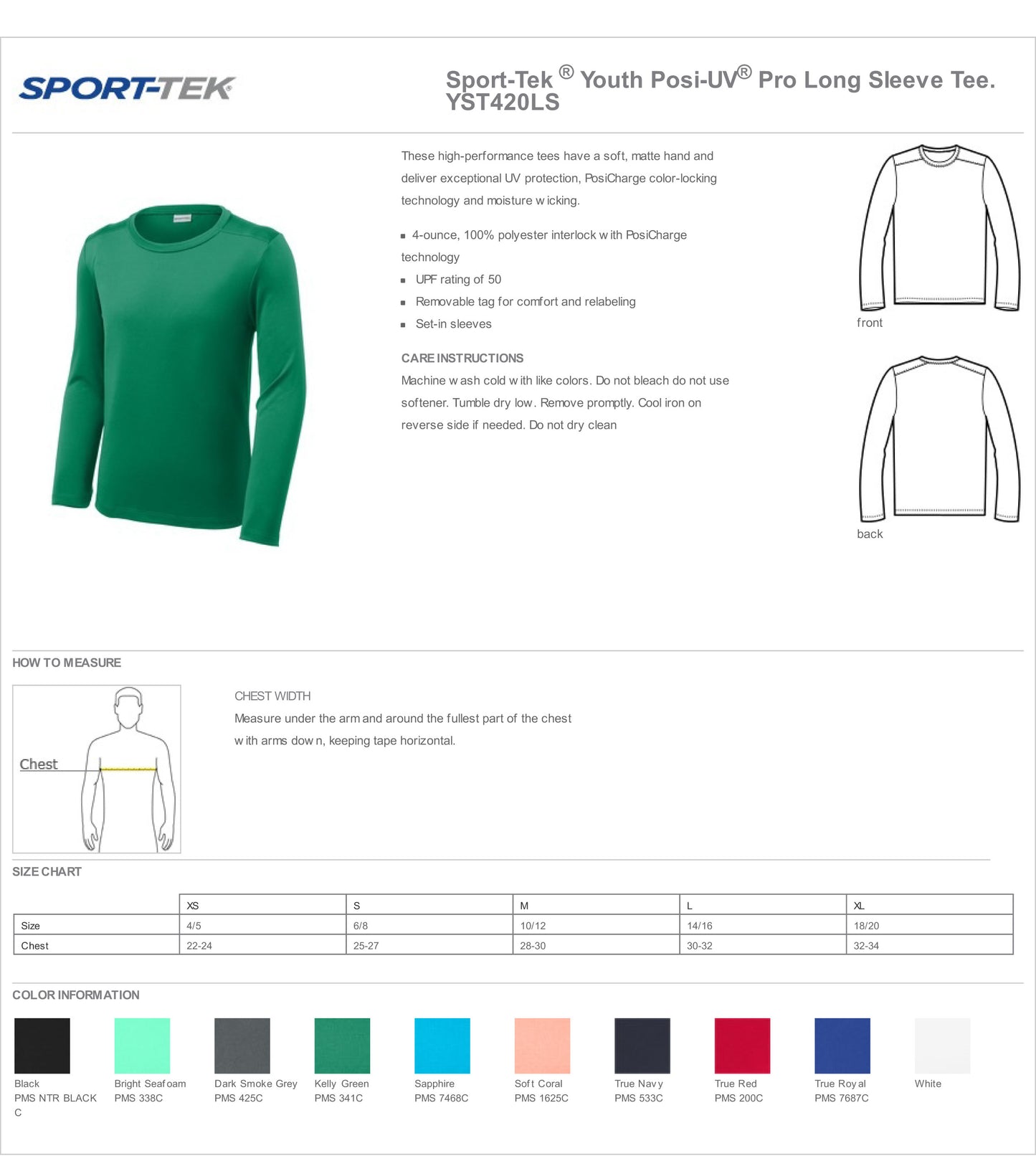 Customized Sport-Tek® Posi UV Tee Long Sleeve Adult and Youth Sizes ST420LS YST420LS