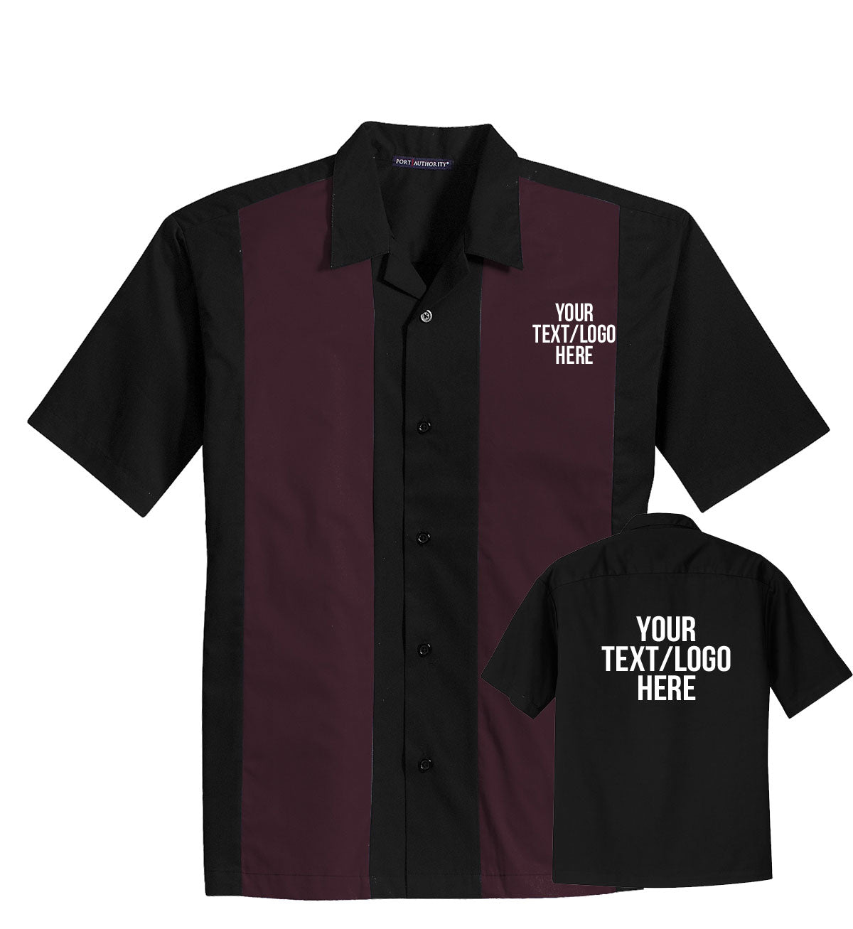 Port Authority S300 Retro Bowling Shirt Black and Burgundy Custom Text or Design